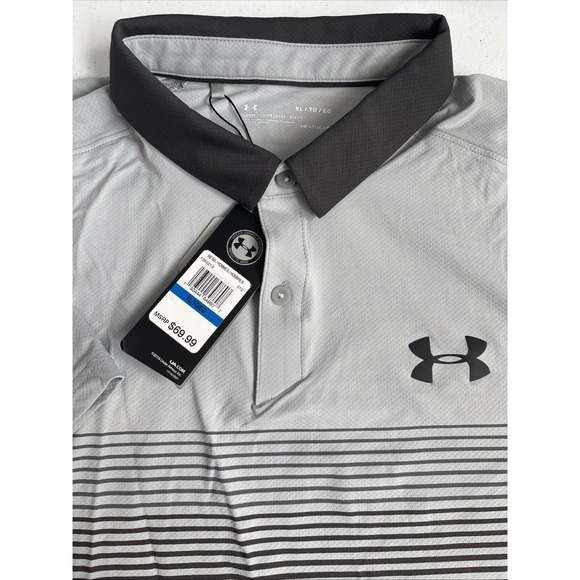 Under Armour Men's XL NWT Loose Gray‎ Black Heatgear ISO-Chill Striped Golf Polo